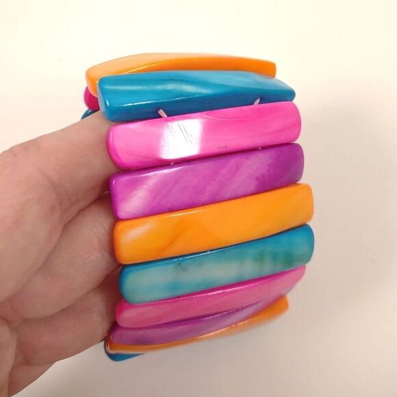 Abalone Shell Colorful Bracelet Stretch Wide Cuff Elastic Rainbow Colorful - Picture 7 of 9